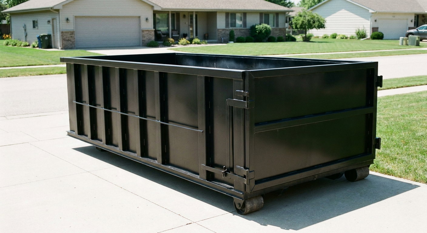 Matte-black 10-yard roll-off dumpster on a residential concrete driveway in Garland, uniformly painted matte black across every panel and rail, ribbed steel sidewalls and rear swing door visible, mid-day daylight.