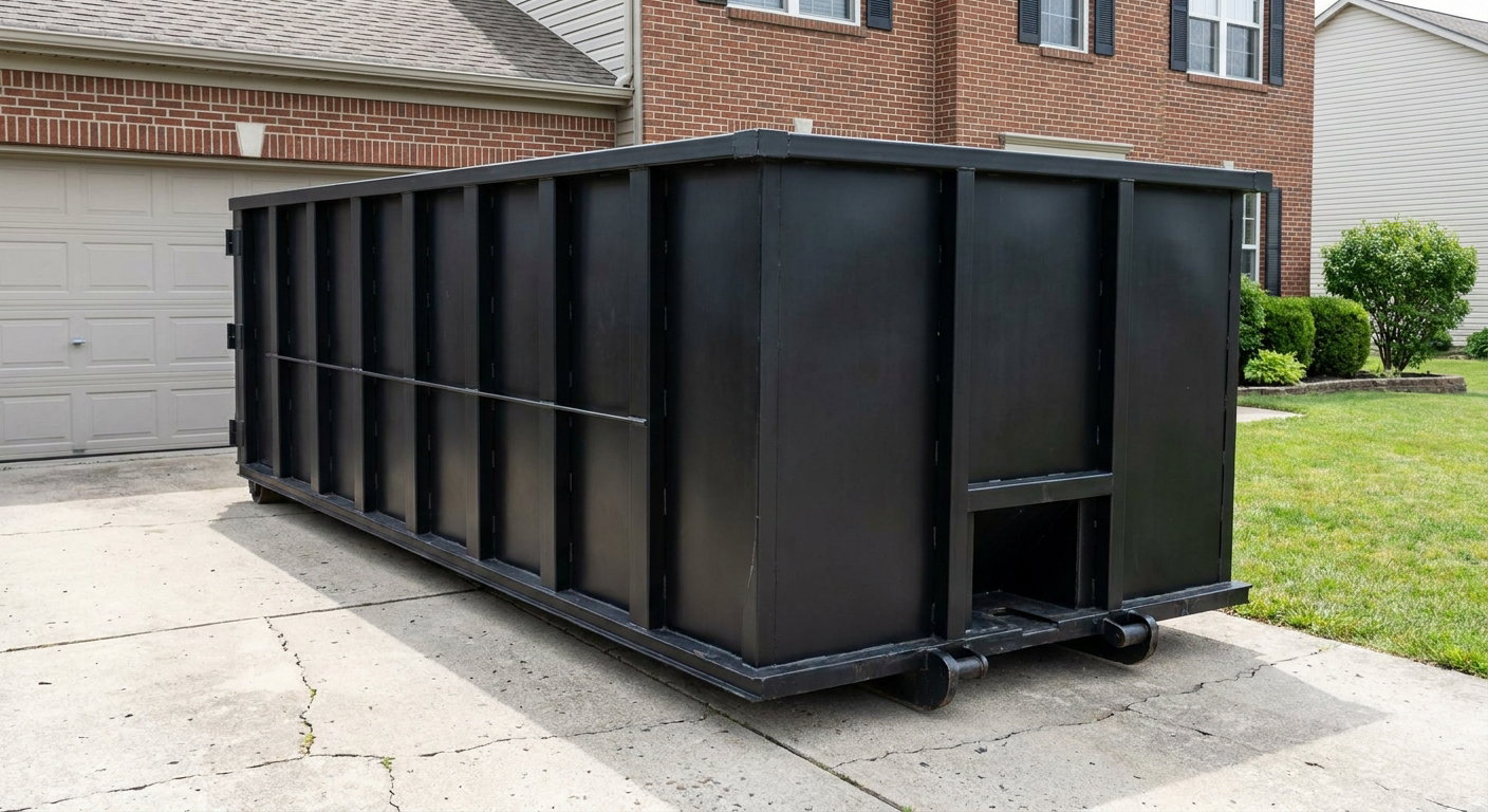 Matte-black 20-yard roll-off container on a Garland residential concrete driveway with reinforced ribbed steel sidewalls and a hinged rear walk-in door, clean bright daylight.