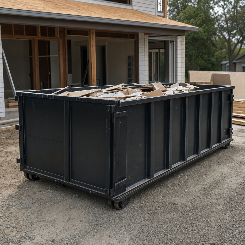 Large matte-black 30-yard construction roll-off dumpster at an active Garland jobsite, steel-gray top rails and bottom rollers visible, loaded with construction debris.