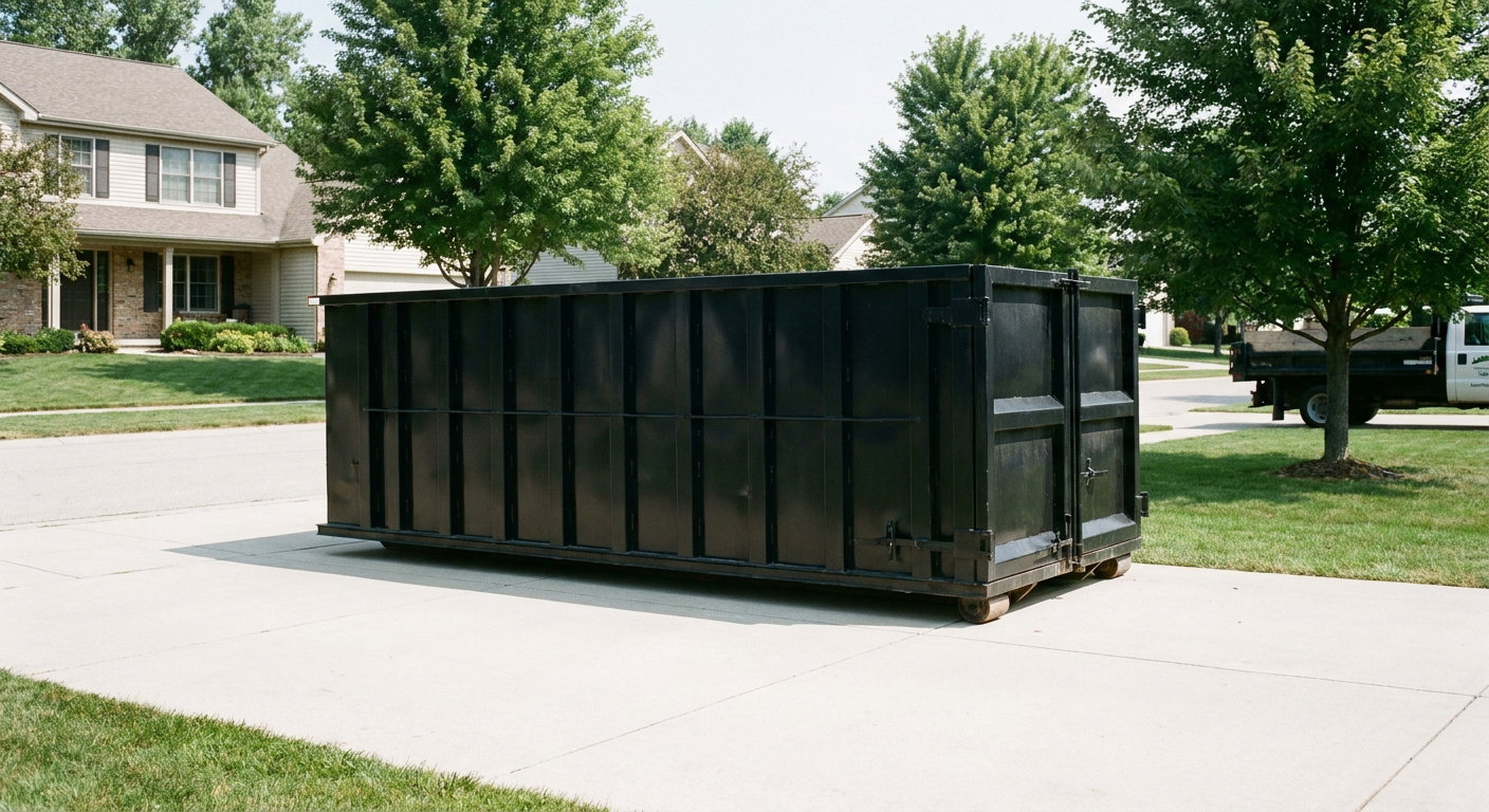 Matte-black 20-yard roll-off dumpster sitting level on a clean Garland residential concrete driveway under bright daylight, demonstrating clean placement directly on the concrete.