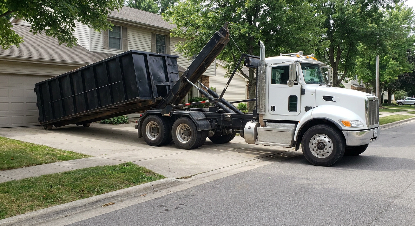 White-cab hooklift roll-off truck actively lowering a matte-black dumpster onto a Garland residential concrete driveway, the dumpster's rear wheels touching the driveway as the hoist arm tilts the bed forward, mid-morning daylight.