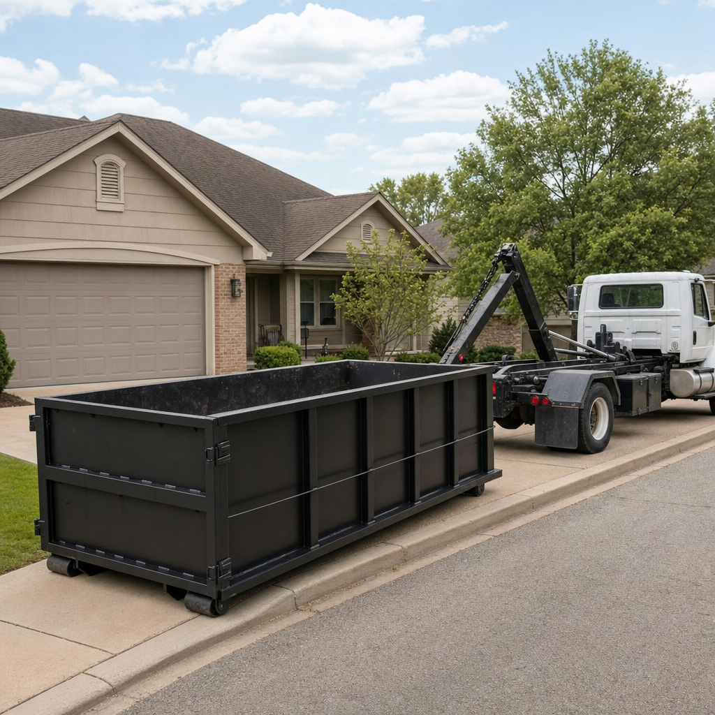 Wide documentary shot of a matte-black roll-off dumpster on a Garland residential driveway in the foreground and a contractor jobsite container in the soft-focus background, bright daylight, calm and orderly composition.