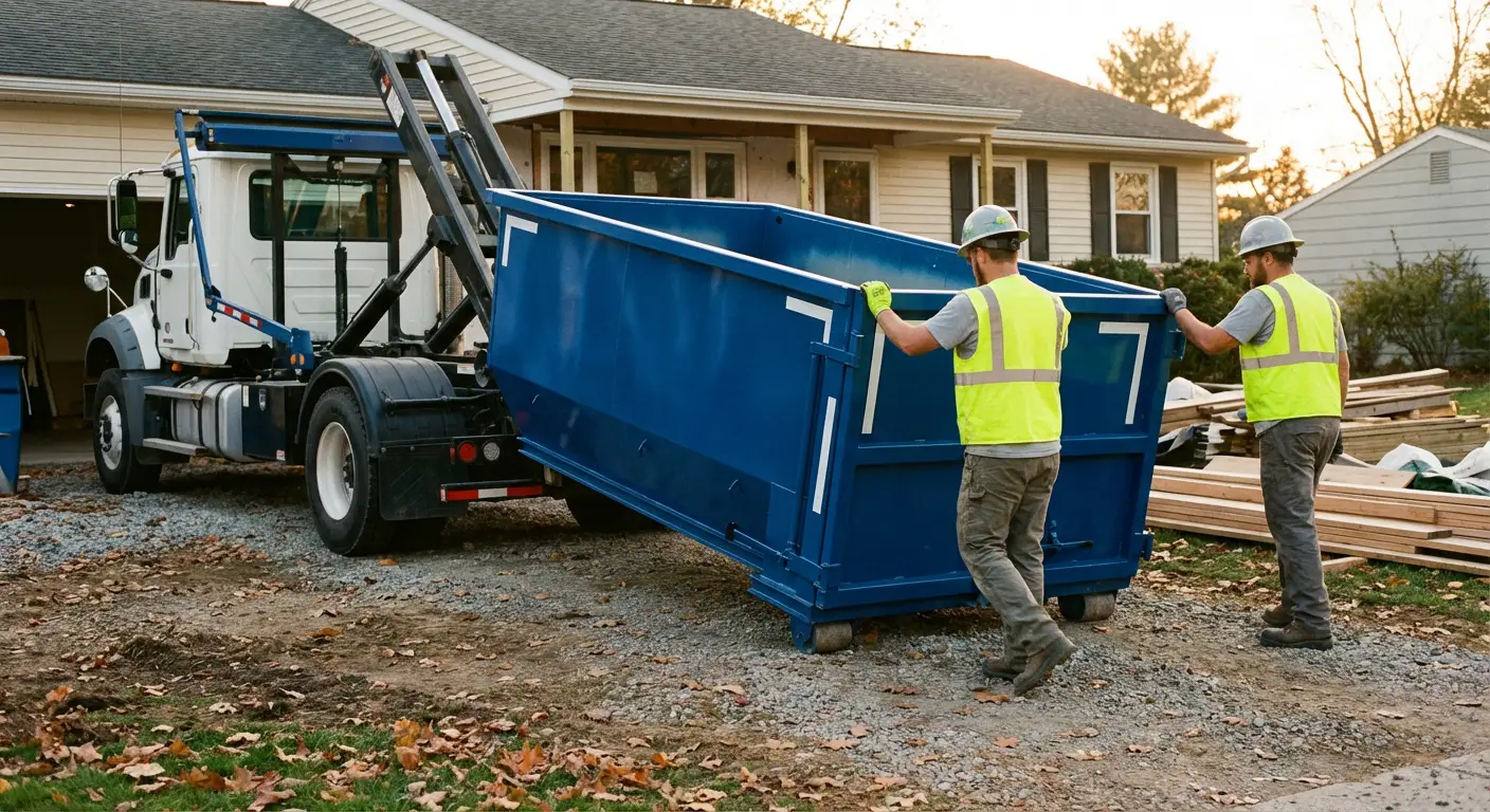 Construction dumpster delivery truck in action in Garland, TX
