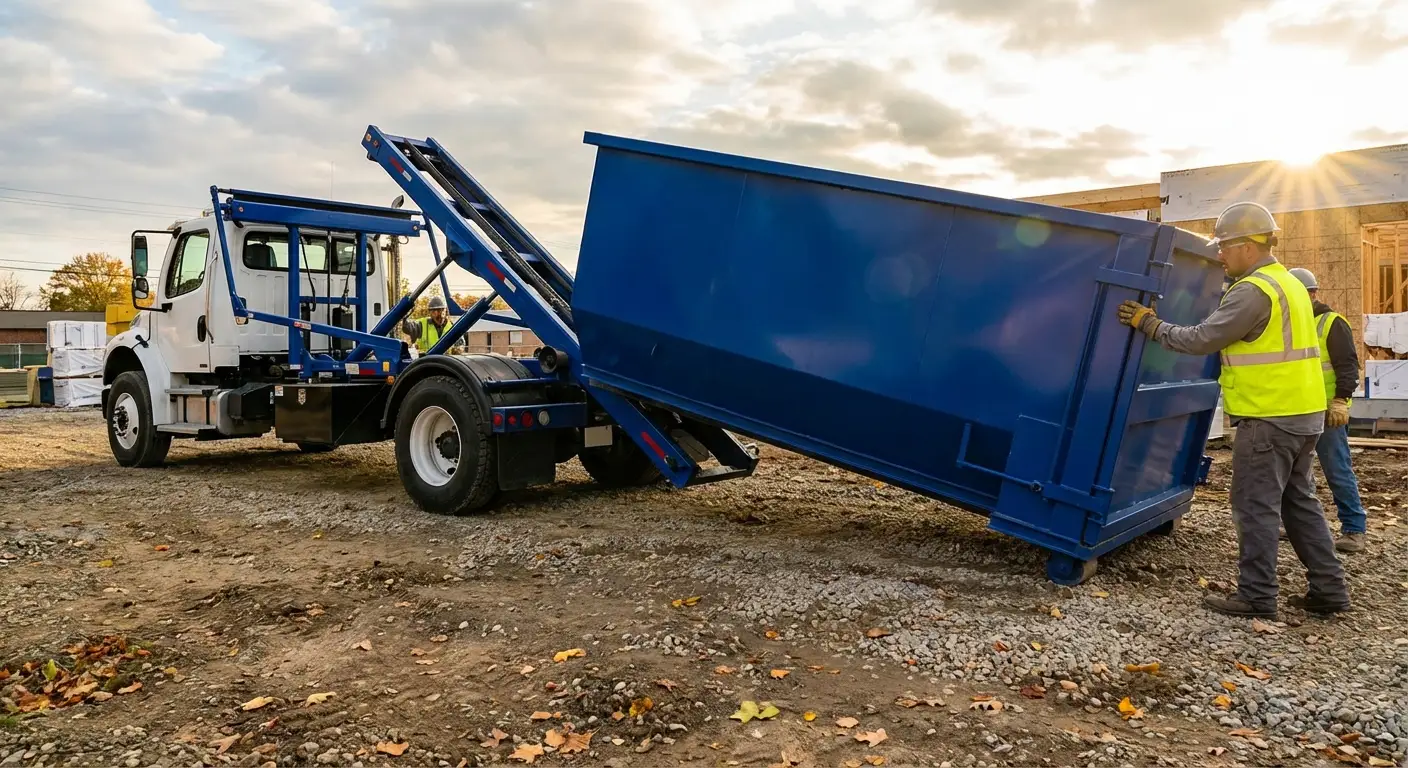 Construction dumpster delivery truck at job site in Garland, TX