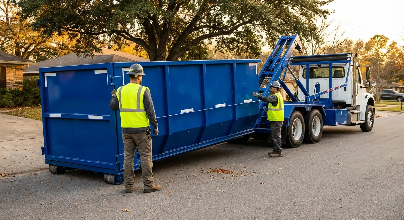 Roll-off dumpster delivery truck in operation in Garland, TX
