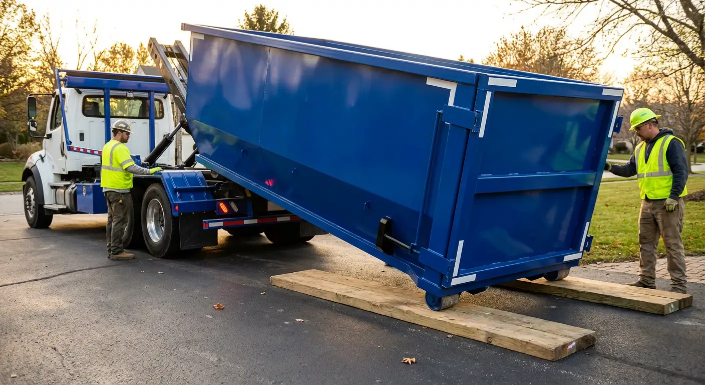Dumpster delivery on driveway in Garland, TX