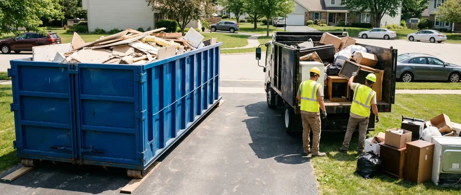 Dumpster rental versus junk removal service comparison showing capacity differences in Garland, TX